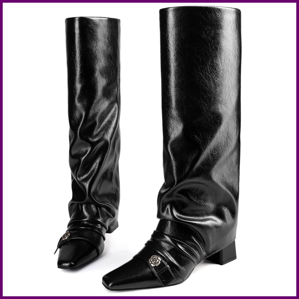 Knee High Boots Square Toe Chunky Heel Fold Over Slouchy Wide Calf Comfortable